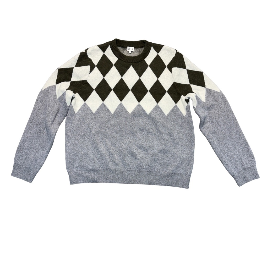 KULE Argyle Crewneck Sweater Olive Green Grey White Cotton Wool Cashmere Blend M